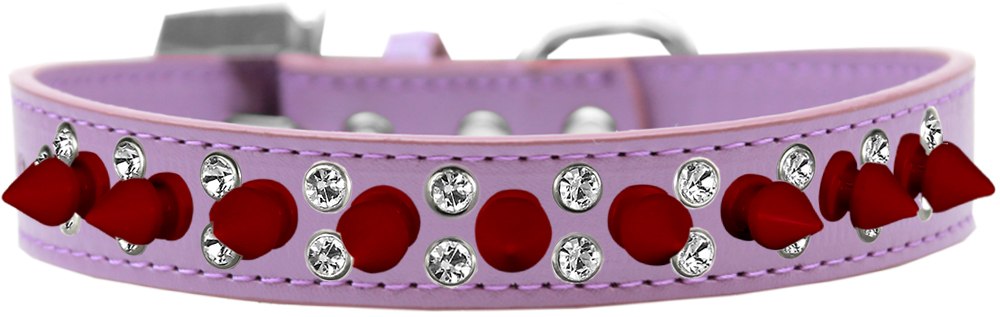 Double Crystal and Red Spikes Dog Collar Lavender Size 12